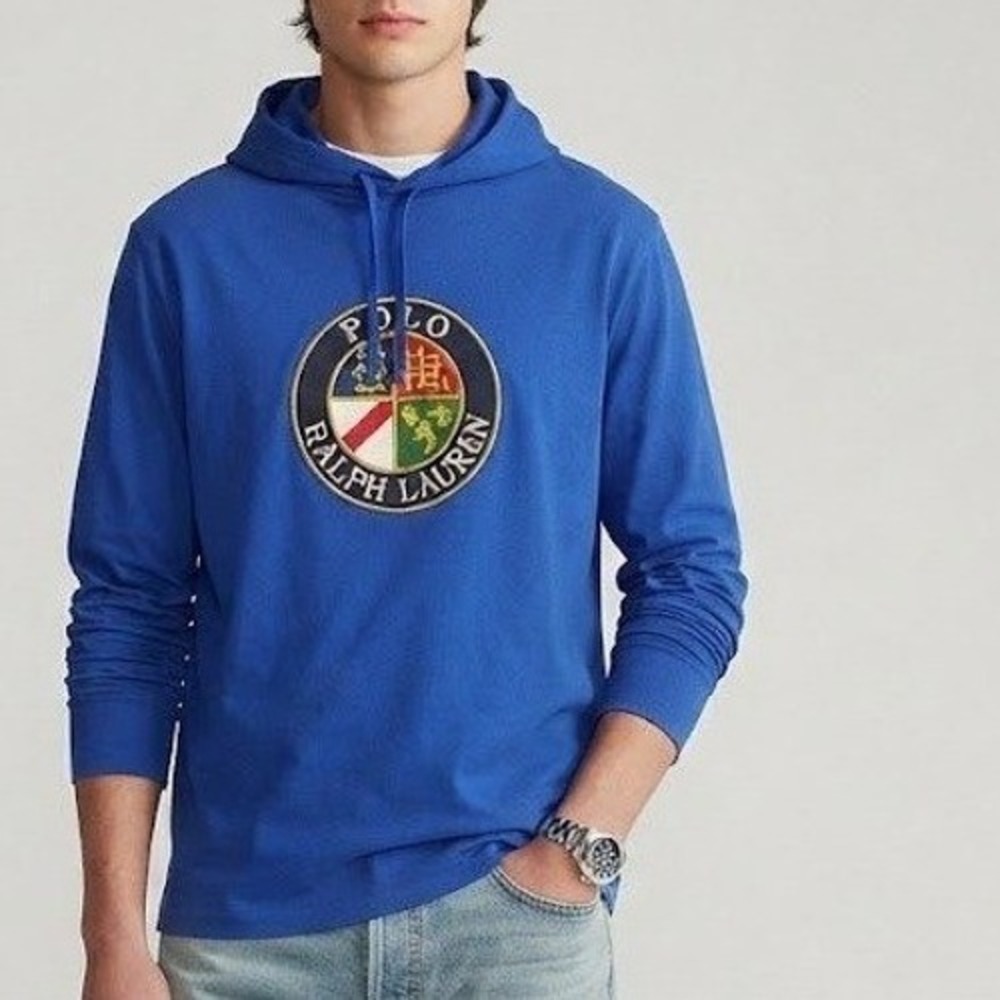 Polo Ralph Lauren Blue Crest Graphic Hooded Long Sleeve T-Shirt Mens M Preppy